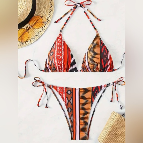 Boho Ethnic Print Triangle Halter Side Tie Bikini Set - Picture 7 of 12